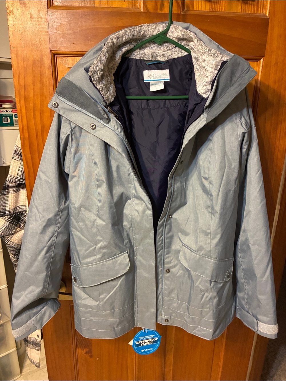 Columbia Light Blue Men’s Waterproof Raincoat with Faux Fur Lined Hood